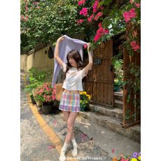 批发彩虹格纹短裙夏季少女甜美感半身裙格子百搭显瘦a字短裙子包臀裙