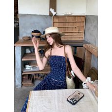 批发辣妹风碎花抹胸收腰背心女春夏性感显瘦半身裙包臀裙藏青色两件套