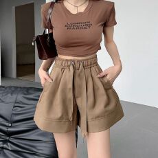 批发【实拍 斜纹丝】 松紧高腰阔腿裤子女夏季宽松显瘦薄款休闲<b class='q'>短裤</b>