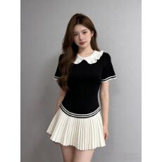 高端欧货撞色娃娃领短袖打底衫女夏季新款巨好看修身显瘦短款上衣