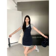 批发林千入新款假两件夏季气质显瘦收腰设计感小个子裙子