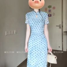 批发法式蓝色波点短袖旗袍连衣裙女夏季绝美巨好看气质修身包臀长裙子