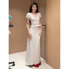批发2026新款法式度假风白色蕾丝短袖<b class='q'>连衣裙</b>子女夏季独特漂亮长裙套装