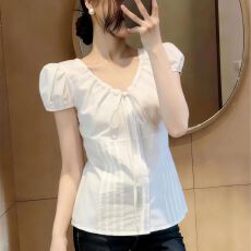 批发洋气时尚V领系带白色衬衫女夏季大码胖mm<b class='q'>设计</b>感减龄显瘦百搭上衣