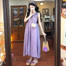 批发慵懒休闲风棉麻<b class='q'>连衣裙</b>女夏季宽松显瘦遮肉无袖背心长裙子温柔度假