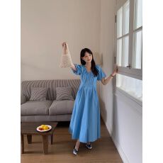 批发蓝色泡泡袖V领<b class='q'>连衣裙</b>女夏季新款多巴胺收腰显瘦气质长裙