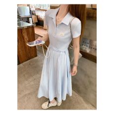 批发切糕小个子<b class='q'>女</b>夏季气质设计感独特漂亮<b class='q'>连衣裙</b>蓝色大方短袖裙子