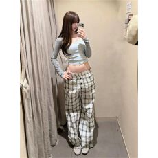 批发格纹休闲阔腿裤女夏季薄款宽松垂感设计感宽松<b class='q'>显瘦</b>格子直筒裤子