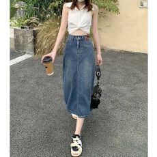 甜美韩版开叉牛仔半身裙女2026春夏新款高腰显瘦百搭中长款牛仔裙