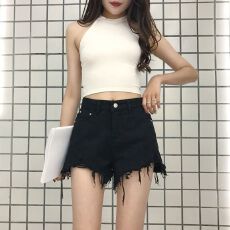 批发2026新款<b class='q'>欧美</b>牛仔短裤女黑色蓝色高腰宽松毛边热裤阔腿裤子