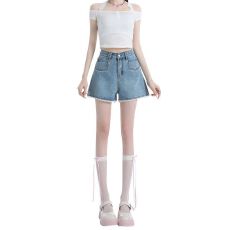 批发休闲蓝色蕾丝花边高腰牛仔短裤2025夏季女<b class='q'>韩版</b>显瘦阔腿a字热裤子