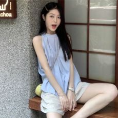 批发【高质量】夏季<b class='q'>新款</b>设计感小众辣妹穿搭无袖挂脖法式纯欲风衬衫