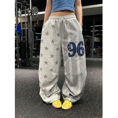 批发美式复古星星印花抽绳阔腿卫裤女夏季新款宽松休闲<b class='q'>百搭</b>运动拖地裤