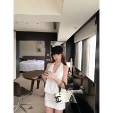 批发辣妹套装系带V领挂脖背心无袖上衣女夏季高腰半身裙包臀裙两件套