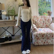 批发小个子微<b class='q'>喇叭</b><b class='q'>裤</b>女<b class='q'>弹力</b>修身显瘦碎花夏季港风复古抽绳鱼尾笑脸<b class='q'>裤</b>潮