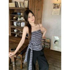 批发【色织条】法式复古条纹抹胸背心女夏季吊带无袖裹胸上衣