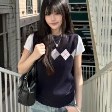 批发学院风针织背心女<b class='q'>夏</b>季菱格提花无袖叠穿毛衣马甲休闲百搭外穿上衣