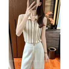 批发复古条纹风无袖翻领针织背心女夏季百搭显瘦上衣
