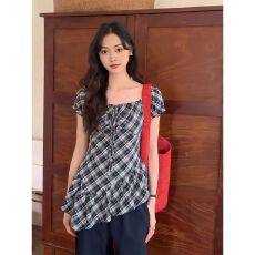 批发【原版纯棉面料】法式辣妹不规则泡泡袖上衣女夏季新款格纹衬衫