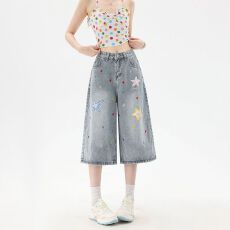 批发美式趣味星星刺绣牛仔<b class='q'>七分裤</b><b class='q'>女</b>夏季新款高腰宽松直筒百搭阔腿中裤