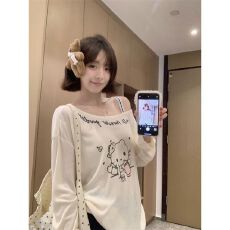 原版面料可爱猫咪露肩长袖卡通印花T恤罩衫斜肩设计感上衣