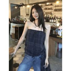 批发【原版品质】【梳织面料】格纹女装<b class='q'>夏</b>季系带无袖外穿辣妹抹胸上衣