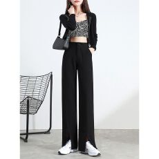 批发前开叉裤子女春秋女装2026秋新款高腰直筒垂感拖地西装阔腿裤长裤