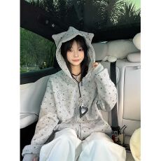 批发【华棉复合】原版做工KT满印 原版烫钻 整烫耳朵连帽卫衣女