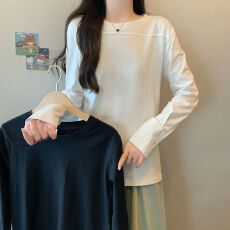 批发【实拍】春秋新款简约纯棉白色打底衫女内搭宽松衬衫袖t恤上衣