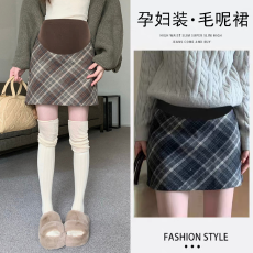 批发孕妇半身裙秋<b class='q'>冬</b>季咖色菱形格纹短裙女新款春秋毛呢高腰a字包臀裙