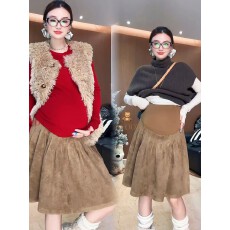 孕妇半身裙秋冬重工艺压褶复古a字仿麂皮绒时髦卡其色托腹五分裙