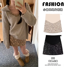 小香风珠片孕妇短裙2025秋冬季新款高腰托腹显瘦包臀a字半身裙子