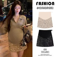 小香风珠片孕妇短裙2025秋冬季外穿高腰托腹显瘦包臀百搭半身裙子