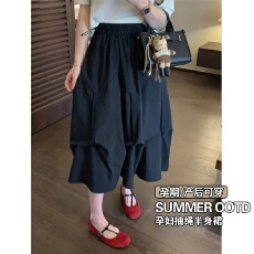 批发孕妇半身裙花苞褶皱设计感夏季薄款不规则显瘦中长款抽绳裙子宽松