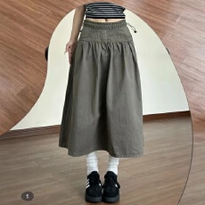 批发美式孕妇工装半身裙摩卡色2026<b class='q'>夏</b>季高腰宽松显瘦a字中长裙孕妇裙