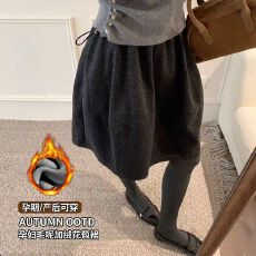 孕妇半身裙2026秋冬季外穿灰色加绒毛呢花苞A字孕妇短裙伞中裙子
