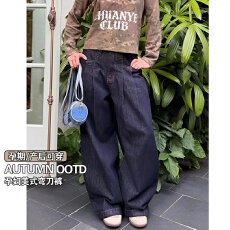 批发孕妇牛仔裤秋冬季外穿美式复古单宁蓝高腰托腹宽松阔腿裤子弯刀裤