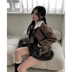 批发韩国chic秋冬复古皮毛一体拉链翻领长袖外套女加厚羊羔毛短款上衣