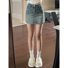 批发复古牛仔短裙女2025夏季新款防走光弹力高腰小个子大码a字包臀裙