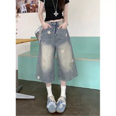 批发复古个性做旧星星印花牛仔短裤女夏季高腰阔腿七分裤中裤子