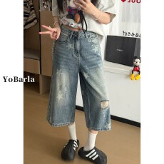 批发美式星星破洞牛仔七分裤女直筒夏季新款胖mm大码宽松显瘦阔腿裤子
