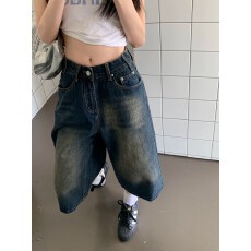 批发美式复古水洗宽松短裤七分裤牛仔裤女夏季高腰阔腿裤休闲裤中裤潮