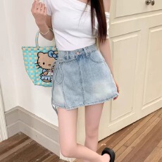 批发<b class='q'>大码</b>复古牛仔半身裙女夏季胖mm防走光高腰显瘦包臀a字短裙裤子