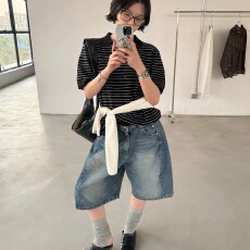 批发美式高街廓形弯刀牛仔五分裤女做旧水洗设计感休闲裤ins潮