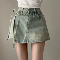 批发韩版假两件牛仔<b class='q'>短裤</b>女夏季A字高腰不规则绑带裙裤小个子辣妹裤子