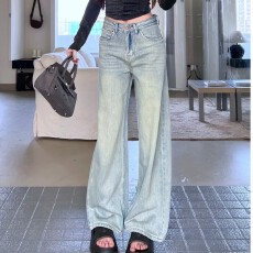 批发韩版新款宽松牛仔长裤女2025新款小众设计感高腰显瘦拖地阔腿裤子
