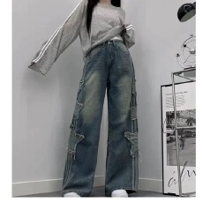 批发韩国chic设计感星星贴布<b class='q'>牛仔裤</b>女2026新款<b class='q'>时尚</b>垂感宽松阔腿拖地裤