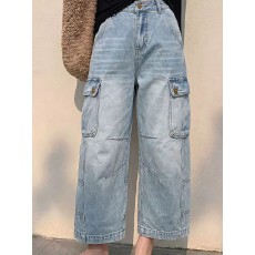 批发蓝色工装风多口袋牛仔阔腿裤女2026夏季新款九分高腰显瘦百搭休闲