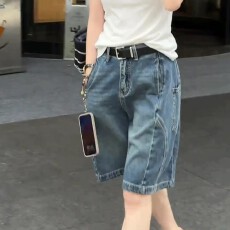 批发蓝色阔腿牛仔短裤女2026新款夏季薄款高腰时尚显瘦设计感五分裤子