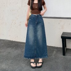 批发毛边流苏口袋刺绣A字半身牛仔裙女设计感开衩百搭中长裙